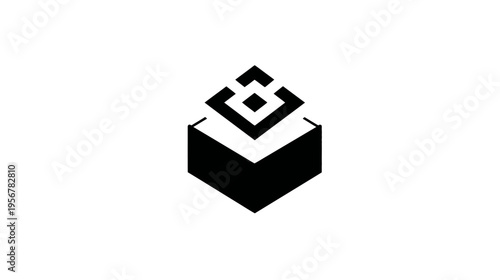 Black and white geometric logo composed of a 3D block with layered diamond shapes