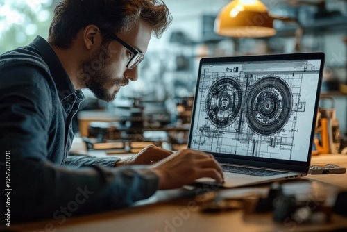 focused engineer at a cluttered workstation reviewing detailed mechanical cad blueprint of twin circular components on a laptop under warm lamp light