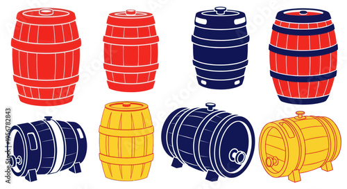 Collection of Wooden Barrels and Kegs in Red, Blue, and Yellow Colors
