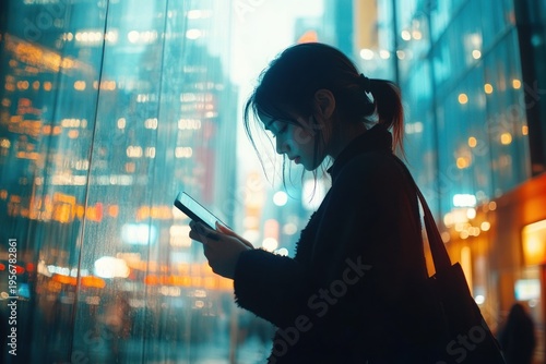 solitary person in coat by rainy city glass wall at night, illuminated by neon bokeh, looking at smartphone with reflective skyscraper lights and warm blue-orange glow