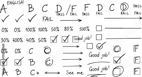 A collection of handwritten educational grading symbols and feedback notes on a white background isolated on transparent background, isolated on white background, Vector