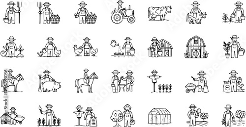 Farming Icons: Line Art Set of Farmers, Animals, Tools  Agriculture Concepts