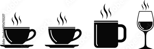 Hot beverage cup silhouettes set with coffee tea mug and wine glass isolated on white background drink vector illustration