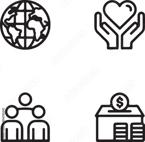 International humanitarian aid icons for non profit organization showing world globe heart and donation box