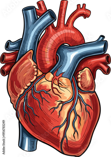 Human heart anatomy illustration with arteries and veins, medical healthcare concept, realistic organ structure, cardiovascular system, biology education, detailed design artwork
