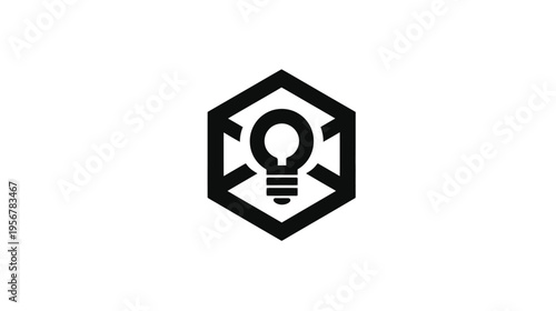 A simple black and white logo featuring a lightbulb inside a hexagon frame, centered on a white background