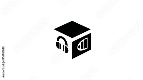 Black graphic of a cube shape with headphones on one face and sound bars on another