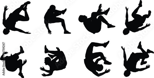 breakdance silhouettes set hip hop dancer acrobatic flips moves dynamic street dance action isolated black vector illustration collection bundle