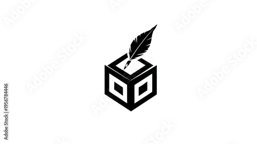 A stylized black and white logo shows a quill pen emerging from an abstract cube