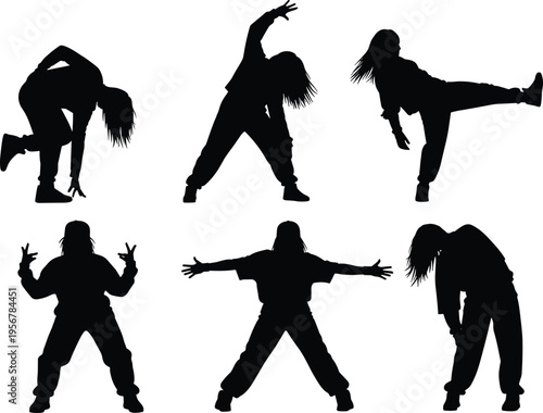 Dance silhouettes set with hip hop freestyle poses isolated on white background dynamic movement lifestyle vector illustration for performance design