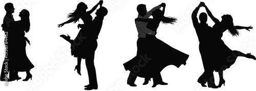 couple dancing silhouettes, romantic ballroom dance poses, man woman partners, black shadow figures, elegant movement, isolated set, love celebration concept