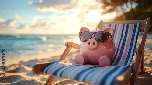 pink piggy bank wearing sunglasses relaxing on a striped beach chair by the ocean at sunset, warm serene tropical vacation mood