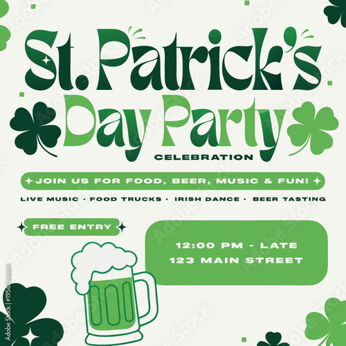 Modern St. Patrick’s Day party poster with typography, green gradients, shamrocks, beer mug illustration, festive celebration design