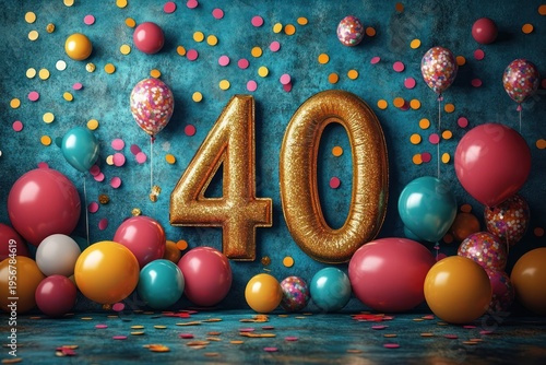 gold glitter number 40 with colorful balloons and scattered confetti on teal textured backdrop conveying joyful festive celebration