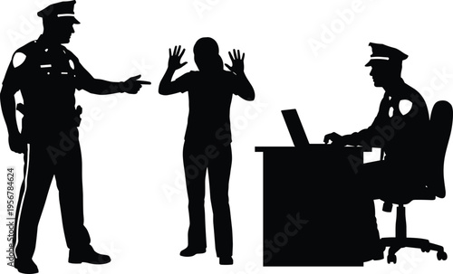 Police arrest scene silhouettes, officer pointing at suspect with hands up, law enforcement interrogation, crime investigation concept, isolated on white background