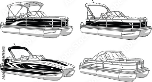 Pontoon boats collection vector illustration luxury leisure watercraft set isolated black and white line art marine transport recreational design
