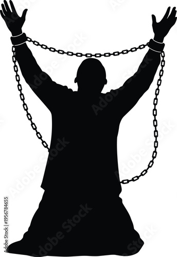 Prisoner raising hands chained silhouette freedom struggle oppression human rights concept vector illustration isolated breaking free metaphor
