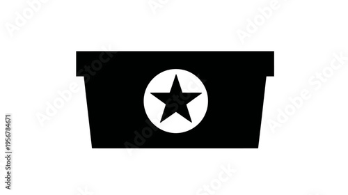 Black geometric shape with a star in a circle, appears like a container