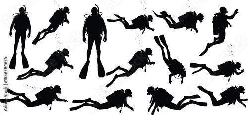 Scuba diver silhouette set, underwater diving poses, marine exploration, ocean adventure, diving equipment, aquatic activity, isolated black figures, deep sea, swimming motion