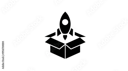 A black and white illustration of a rocket launching from an open cardboard box