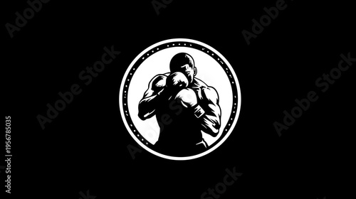 Black and white illustration of a muscular boxer in fighting stance within a decorative circle