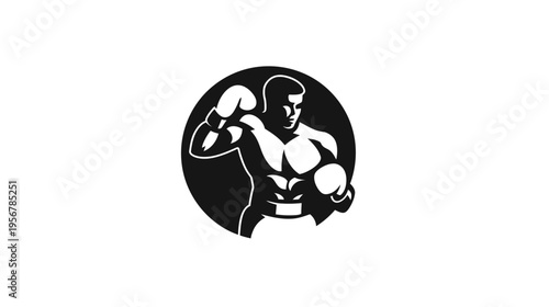 Silhouetted illustration of a boxer with gloves inside a black circle. Bold design