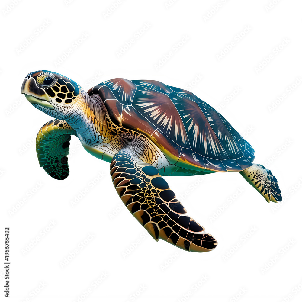 Obraz premium Sea turtle swimming with abstract geometric shapes isolated on a transparent background