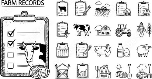 Hand-Drawn Farm Records and Agriculture Icon Set with Livestock, Crops, Barns, Equipment, and Management Symbols in Doodle Style