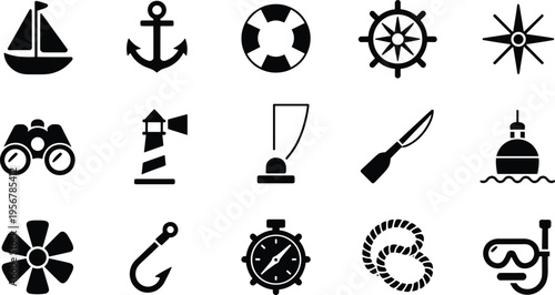 Nautical icons collection, maritime symbols set, sailing equipment silhouettes, ocean navigation elements, sea travel design pack, marine adventure graphics