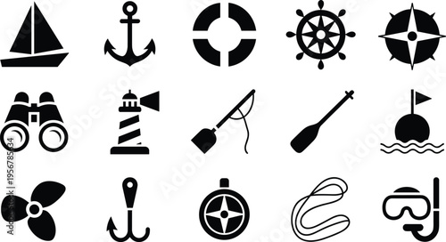 Nautical icons collection, sailing symbols, anchor, lifebuoy, ship wheel, compass, lighthouse, fishing, boating, diving, marine navigation, water sports