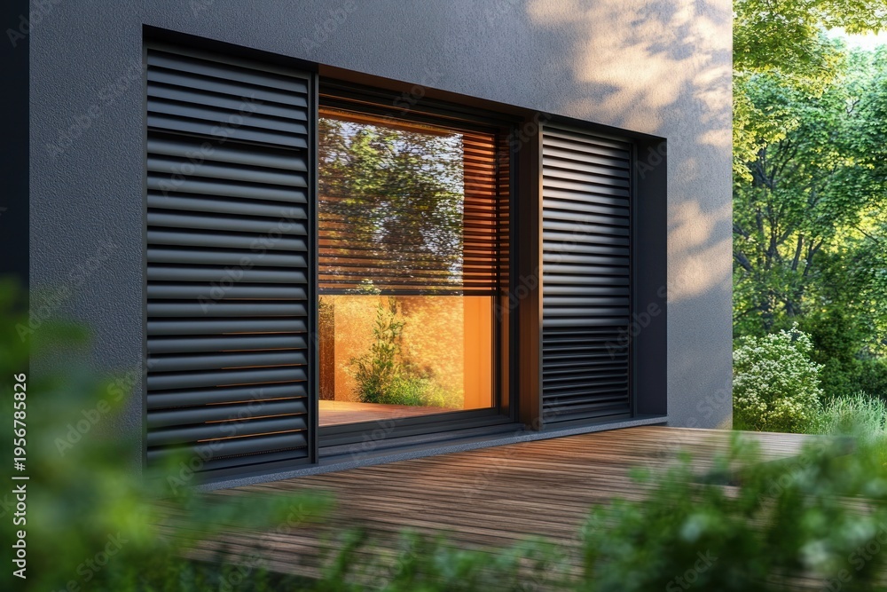 Fototapeta premium modern home facade with dark louvered shutters and large sliding glass door opening onto a wooden deck, warm interior glow and peaceful garden atmosphere