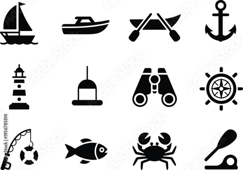 Nautical silhouette icons, sailboat, motorboat, anchor, lighthouse, buoy, binoculars, ship wheel, fishing rod, fish, crab, paddle, rowboat