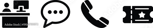 Office work icon, communication symbol, customer service desk, chat bubble, phone support, ticket booking, event service, business contact illustration