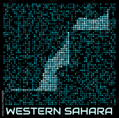 Western Sahara digital dotted map. Shape of the country in cyan color palette on dark background. Futuristic Western Sahara map design. Vector illustration.