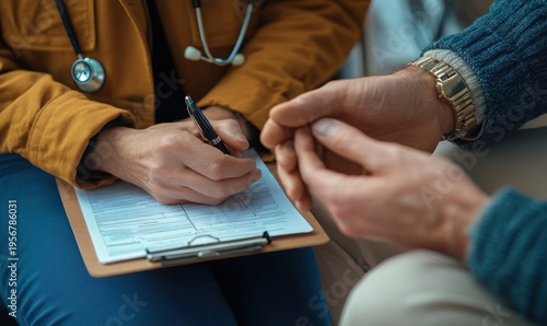 Healthcare provider with stethoscope filling out a clipboard medical form while patient holds hands nearby in an attentive, concerned consultation