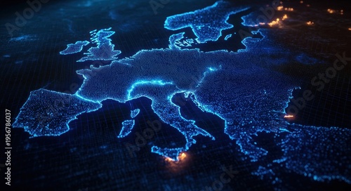 Glowing blue digital map of Europe formed by thousands of illuminated data points with orange hotspots on a dark grid, evoking a futuristic, connected and dynamic network