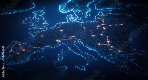 Glowing digital map of Europe with interconnected orange network nodes and blue dotted coastline, futuristic high-tech visualization conveying connectivity and dynamic energy