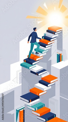 Professional Growth Concept with Person Climbing a Staircase of Books