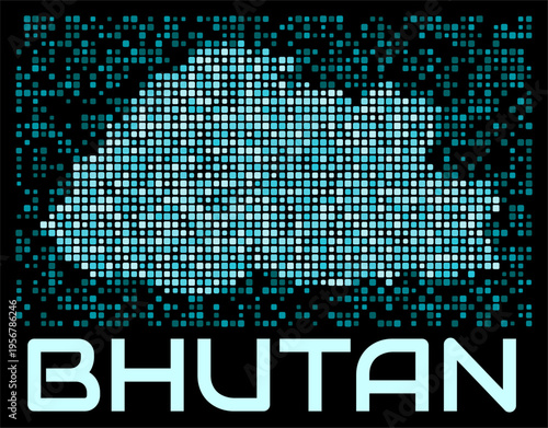 Bhutan digital dotted map. Shape of the country in cyan color palette on dark background. Futuristic Bhutan map design. Vector illustration.