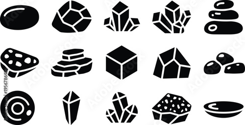 Rock, mineral, crystal, geology, stone, silhouette, vector, icon set, natural material, earth science, educational, infographic, illustration