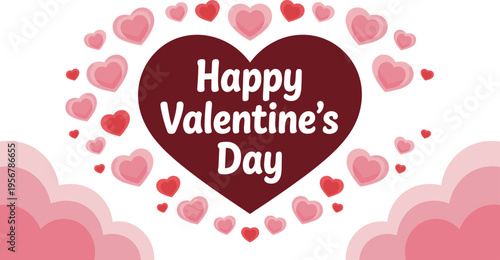 Romantic Valentine’s Day heart design, festive love celebration background, pink clouds illustration, playful typography greeting card, holiday romance decoration artwork