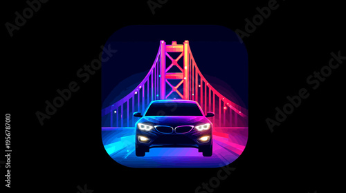 Digital art featuring a car driving towards viewer on a bridge with neon, vibrant colors