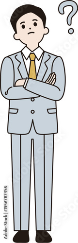 シンプルな線画のビジネスマン　イラスト（腕を組んで考える、はてな）　ベクター