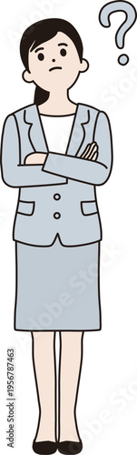 シンプルな線画のビジネスウーマン　イラスト（腕を組んで考える、はてな）　ベクター