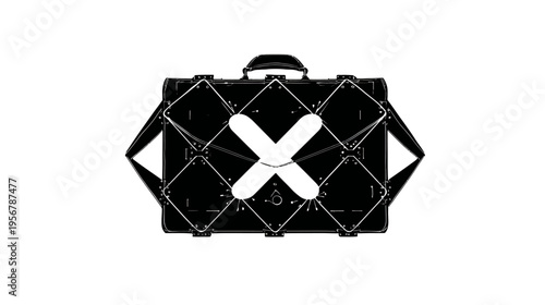 A geometric, black, box-like object with an "X" cut-out, handle, and intricate design