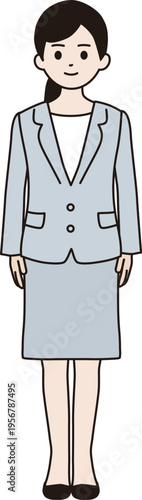 シンプルな線画のビジネスウーマン　イラスト（正面を向いて立つ）　ベクター