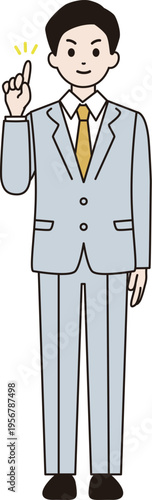 シンプルな線画のビジネスマン　イラスト（人差し指を立ててポイントを説明）　ベクター