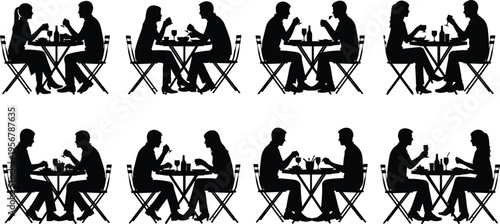 Couple dining at restaurant silhouette set romantic dinner date people eating conversation cafe table vector illustration collection isolated