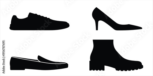 Black Silhouettes Of Four Different Types Of Footwear On White Background shoe shoes