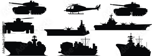 Military vehicles and warship silhouette collection tank helicopter navy ship army equipment isolated black illustration set